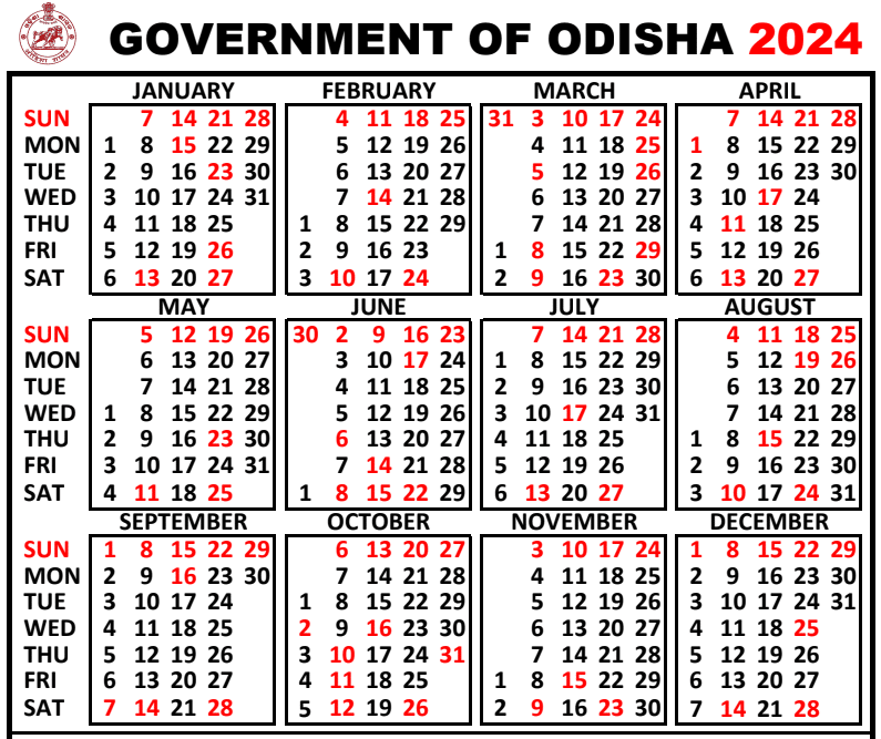 Odisha Government Calendar 2024 PDF Free Download